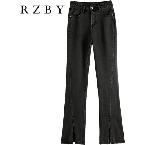 New Spring Arrival Ladies High-rise black boot cut pant Split jeans Multiple sizes Women Straight wide leg pants RZBY389