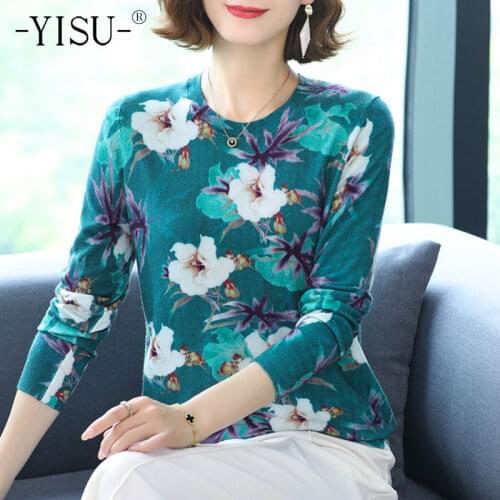 YISU New Women Knitted Sweater O-Neck Printing Tops Female Long sleeve Jumper Loose Casual Knitted pullove Womens clothing