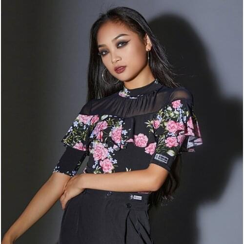 New Small Stand-Up Collar Tops Lotus Leaf Floral Pattern Latin Practice Clothes Women Chacha Rumba Latin Dance Costumes DQS7486