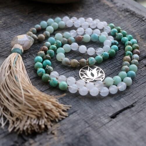 New Cherry Blossoms Agates Charm Green Turquoises, Amazonite Stone Bead Necklace Women 108 Mala Healing Lotus Necklace