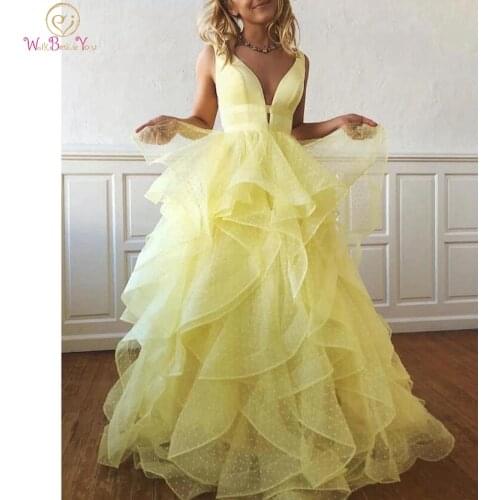 Graduation Dresses Dot Tulle Yellow Pink Blue Homecoming Dresses Deep V Neck Ruffles Tiered A Line Formal Party Gowns Customize