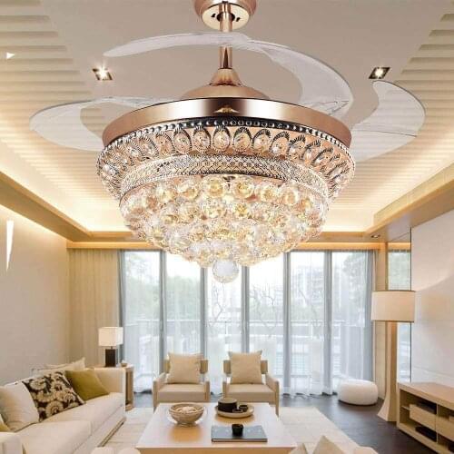 Gold Ceiling Fan Light with Remote Control and Transparent Blades 3 Changeable Light Colors Ceiling Fans 42 inch Fandelier