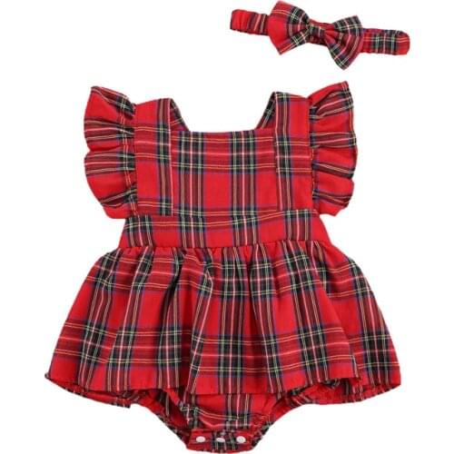 Christmas Dress Baby Girl Plaid Printed Short Butterfly Sleeve V-neck Ruffles Decorated Covered Button Romper Bow Headband