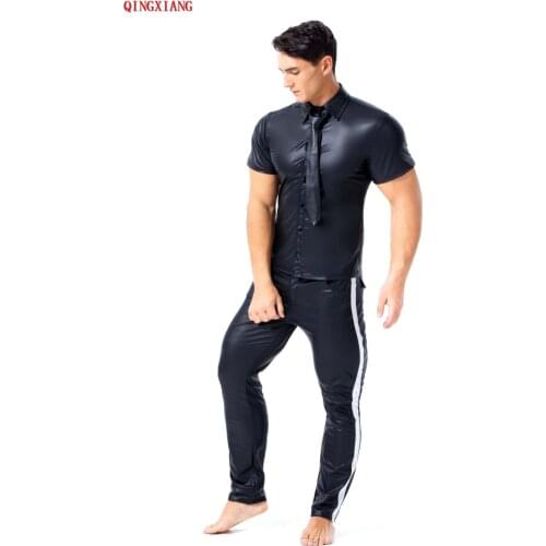 S-3XL 2020 Fashion Black Faux Leather Men Sexy Fitness Tops Tees Short Sleeves Buttons T Shirts Turn Down Neck