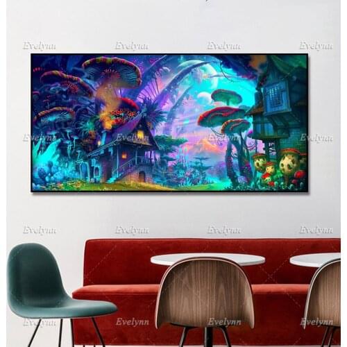 Modern Home Decor Two House Surrounded By Mushrooms Oil Painting Poster and Print on Canvas Hd Wall Art Pictures for Living Room