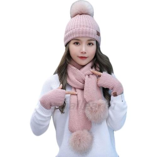 Girls Warm 3 Pieces Sets Winter Hats Scarf Gloves For Women Thick Cotton Winter Accessories Set Female Lady Beanie Scarf Gloves