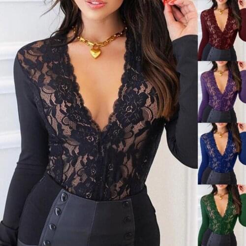 2021 WomenS Blouses Deep V-Neck Transparent Lace Mesh Shirt Long Sleeve Top Black Sexy Slim Shirt WomenS Blouses Party Blouses