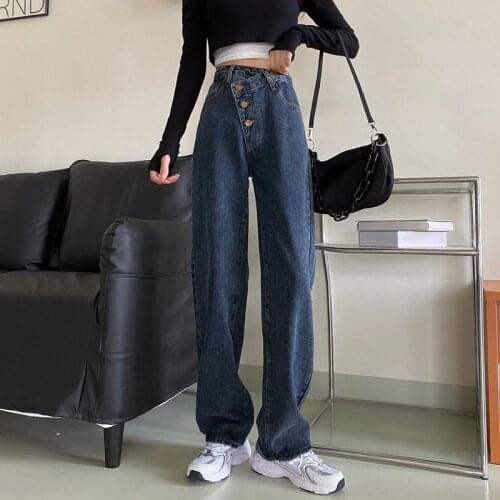 Designer Bevel Buttons High Waist Loose Floor Length Denim Pants For Women Female Wide Leg Straight Jeans Casual Slim Trousers