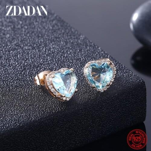 ZDADAN 925 Sterling Silver Crystal Heart Shaped Stud Earring For Women Fashion Zircon Earrings Wedding Jewelry