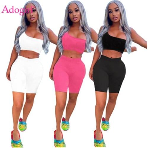 Adogirl Women Casual Sporty Two Piece Set Solid Tracksuit One Shoulder Sleeveless Crop Top Skinny Shorts Summer Jogging Suit