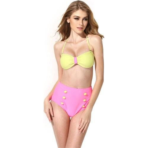Colloyes New Fashion Sexy Women Yellow High Waist Bikini Pink Bottom Swimsuit Size S - L Beach Bathing Suit Removable Padded Bra
