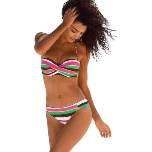 New women gradient split swimsuit stripe printing gathered two-piece hanging neck low waist beach bikini girl bathing suit