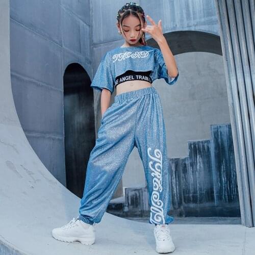 2021 Girls Jazz Dance Costumes Street Hip-Hop Clothing Sequin Short Sleeved Crop Tops Pants BlueStage Performance Outfits BL6331