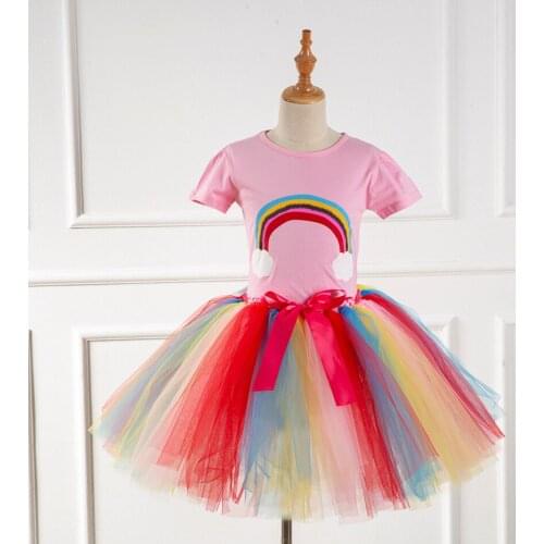 2021 Baby Girl Clothing Cartoon Rainbow Short Sleeve T-Shirt + Candy Tutu Dress Children Birthday Party Costume 1-5 Years