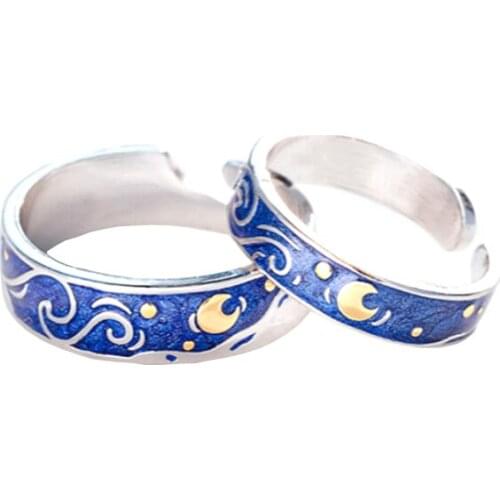 2021 korean fashion paired moon star sun couple rings for lovers van gogh Starry Night rings trendy enamel couples matching ring
