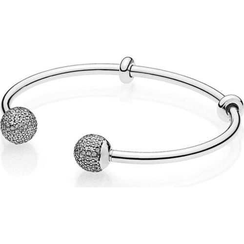 Authentic 925 Sterling Silver Moments Pave Caps Fashion Open Bangle Fit Pandora Women Bead Charm Bracelet Gift DIY Jewelry