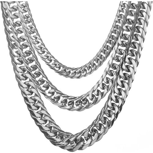 13/16/19mm White Gold Tone Stainless Steel Chain Curb Cuban Link Mens Necklace Male X Necklace Party Jewelry