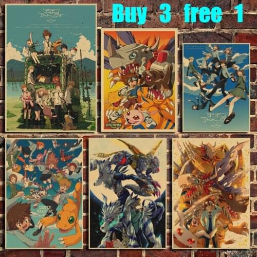 Digimon Classic Japanese Anime Retro Kraft Paper Poster Home Art Wall Sticker Decoration