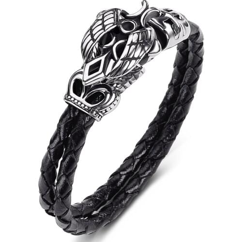 Dropshipping Jewelry Genuine Leather Bangle Men Stainless Steel Sword Wings Punk Fashion Charm Bracelets Gifts P513