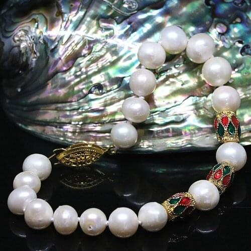 Hot white natural freshwater 9-10mm pearl bracelet top quality round gold-color beads women gift jewelry B1412