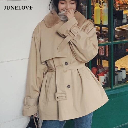 JuneLove Women Winter New Fashion Faux Rabbit Fur Collar Outwears Female Thick Warm Jackets Ladies Loose Coat Parkas With Belt