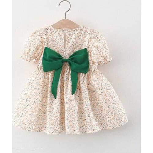 Summer Girls Kids Princess Flora Dress Children Baby Infants Sweet Back Bow Short Sleeve Pleated Dresses Vestidos S12432