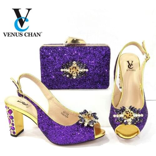 African Fashion 2021 Hot Sellingl Italian Design Sky Purple Color Party Elegant Ladies Shoes and BagS Set Decorated With Flower