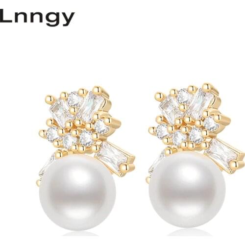 Lnngy 14K Gold Filled Earrings 6-6.5mm Natural Freshwater Pearl Fashion Stud Earrings Women Wedding Party Fine Jewelry Earrings