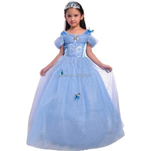 New Little Girl Princess Cinderella Costume Butterfly Cosplay Blue Dress Cosplay Halloween Christmas Purim Holiday Party