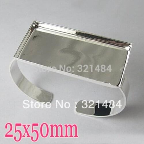 Wholesale 100pcs Silver plated 25x50mm Rectangle Bangle Bracelet Blank Base Tray Bezel Cabochon Setting