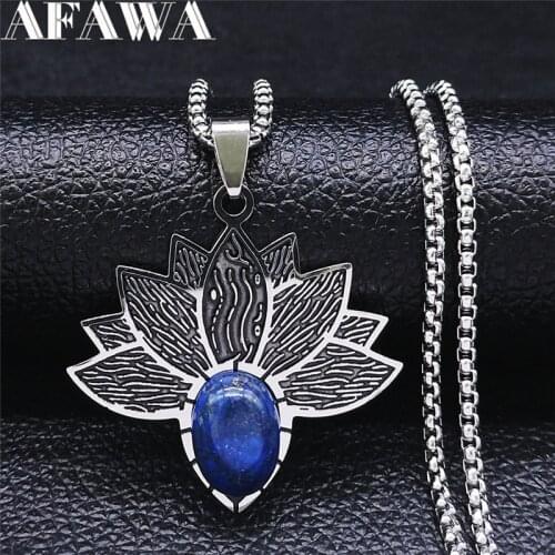 Stainless Steel Blue Natural Stone Lapis Lazuli Silver Color Yoga Flower Lotus Necklace Women/Men Jewelry collares N3603S01