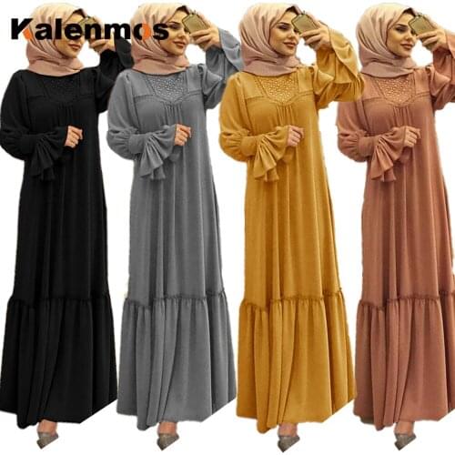 Kalenmos Muslim Women Hijab Dress Solid Color Ruffle Sleeve Maxi Long Dress Islamic Clothing Caftan Arab Big Swing Abaya Dresses
