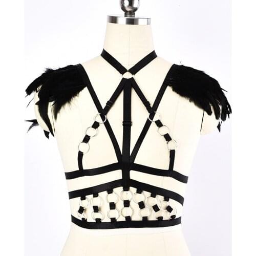 Gothic Feather Harness Clothes Accessories Black Neck Collar Sexy Lingerie Cage Bra Dance Exaggerate Feather Body Harness Wing