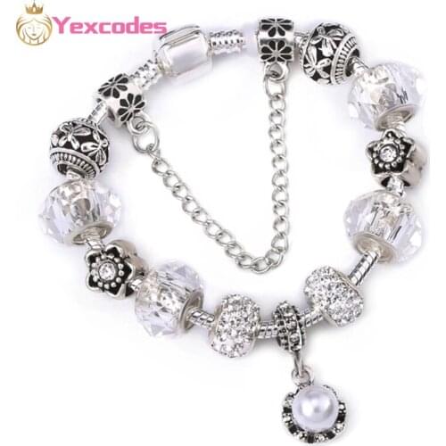 Silver-Plated Charm Bracelets And Bangles With Pearl Pendants And Flower Charms. Womens Wedding Brand Gift 16CM-21CM