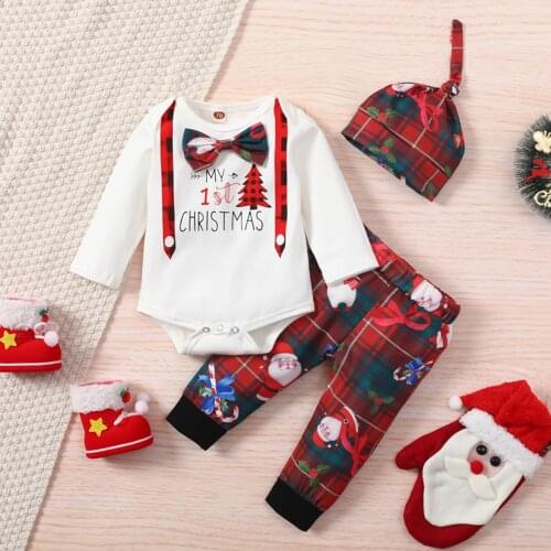 0-24M Baby Boys Christmas Clothes Set Cartoon Long Sleeve Romper and Trousers with Pointed Hat Autumn 3Pcs Festival Outfits