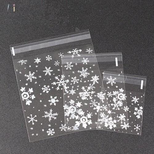 100Pcs Snowflake Self-adhesive Sealing Pocket DIY Baking Dessert Cookie Confectionery Transparent Packing Bag Christmas Gift Bag