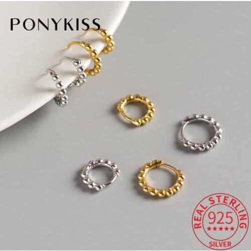 PONYKISS Real 925 Sterling Silver Round Bead Geometric Hoop Earrings Fashion Women Party Trendy Accessory Chic Gift