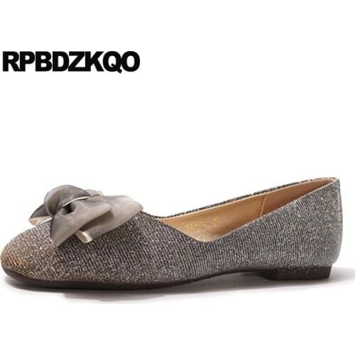 Winter autumn spring bling sequins single shoes slip on size 35 silver flats square toe chinese ladies bow women fur designer