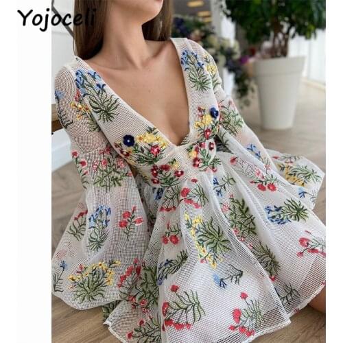 Yojoceli Sexy V-neck short dress 2021 Summer gauze female vestidos lantern sleeve empire elegant embroidery dress skirt