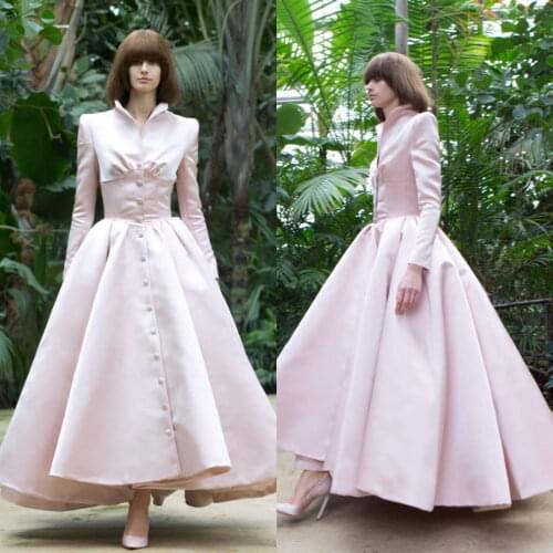 Light Pink High Collar Evening Gown A Line Button Ankle Length Women Prom Dresses Long Sleeve Custom Made Formal Celebrity Dress