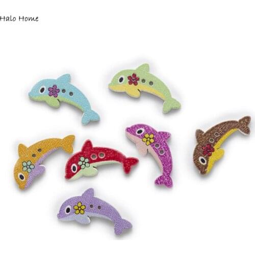 30pcs Dolphin Pattern Wood Buttons for Sewing Scrapbook Clothing Headwear Handmade Crafts Home Decor Accessories DIY 30x15mm