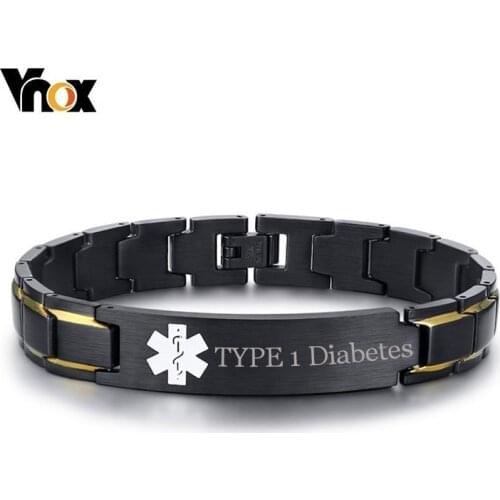 Vnox TYPE 2 Diabetes Medical Alert ID Bracelets for Men Customize Free Engraving Disease Name ICE Emergency Reminder Jewelry