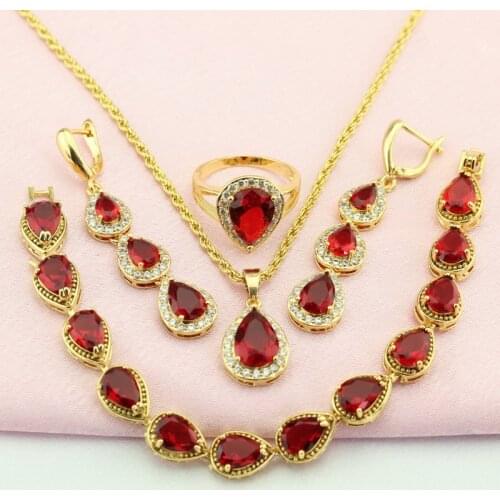 WPAITKYS Red Cubic Zirconia Gold Color Jewelry Set For Women Bridal Jewelry Sets Earrings Pendant Ring Bracelet Free Gift Box