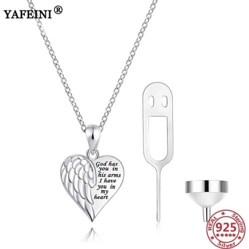 YAFEINI 925 Sterling Silver Heart Urn Necklaces for Ashes Memorial Angel Wing Letter Necklace Cremation Pet Ash Holder Necklaces