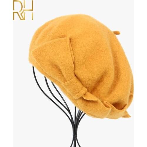 French Beret Hat Women Fake Wool Beret Beanie Yellow Autumn Winter Bow Warm Woolen Elegant Ladies Solid Korean Painter Hat RH
