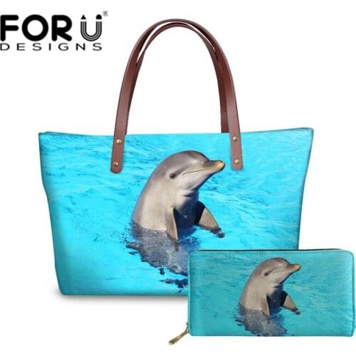 FORUDESIGNS Women Dolphin Print Handbag Ladies Beach Handbag Cute Animal Tote Bag Female Large Capacity Shoulder Bags Coin Pouch