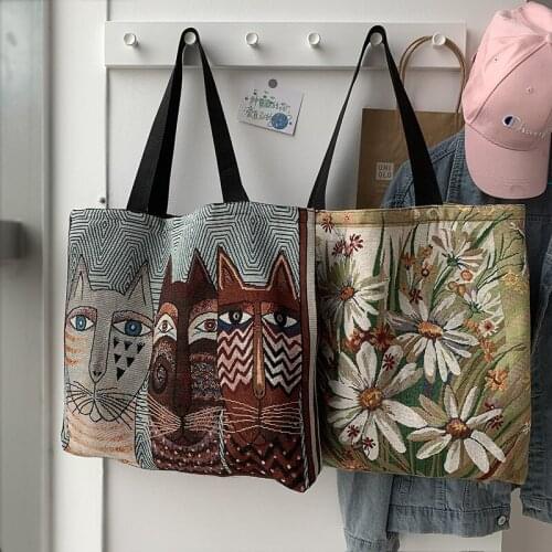 Vintage Cartoon Aesthetic Tote for Women Cat Floral Fashion Female Handbag Animal Weekend Shopper Ladies Shoulder Bag Korean New