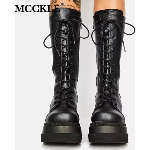 MCCKLE Womens Mid Calf Boots Women Slip-on Plaform Wedges Shoes Ladies PU Leather Autumn Winter Footwear Female Fashion 2021