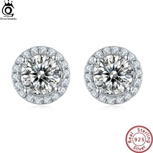 ORSA JEWELS 925 Sterling Silver Round Stud Earrings with 0.5ct DE VVS Moissanite Diamond for Women Girls Fine Jewelry Gift SME20