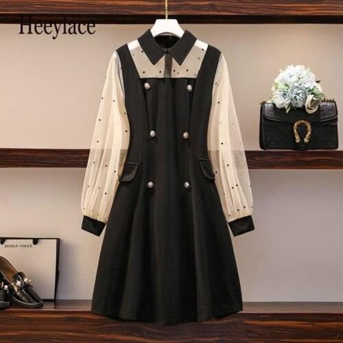 Plus size women dresses korean long sleeve mesh patchwork A-line dress women elegant vintage black mini dresses women vestidos